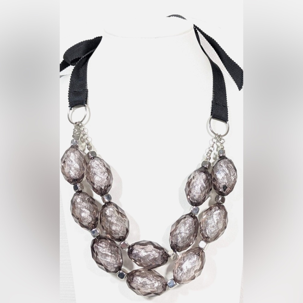 NYC Gray Double Strand Black Ribbon Tie Necklace